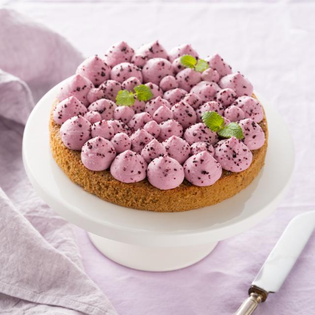 Cardamom mud cake with blackcurrant frosting