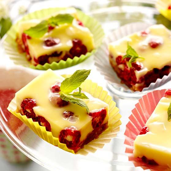 Panna cotta squares with raspberries